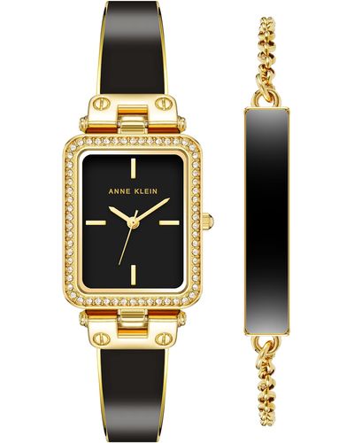 Anne Klein Premium Crystal Accented Bangle Watch And Bracelet Set - Black