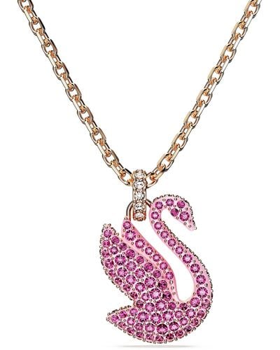 Swarovski Iconic Swan Pendant Necklace With Pink Crystal Pavé On Rose-gold Tone Plated Chain
