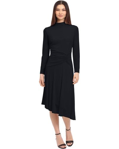 Maggy London Long Sleeve Mock Neck Midi Dress With Asymmetrical Hem - Black