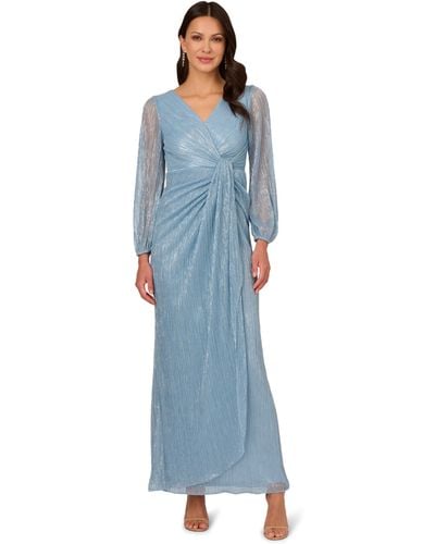 Adrianna Papell Metallic Mesh Draped Gown - Blue