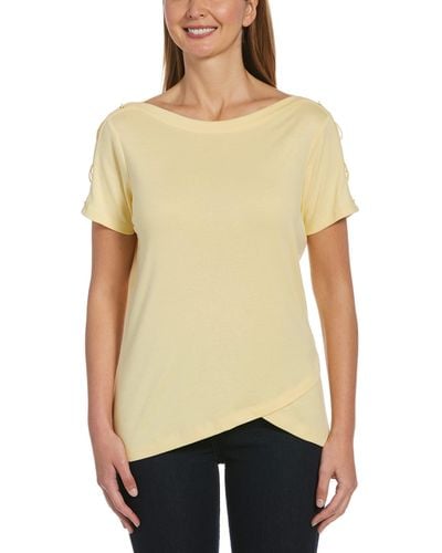 Rafaella Solid Boat Neck Short Sleeve Tee Shirt With Grommets - Yellow