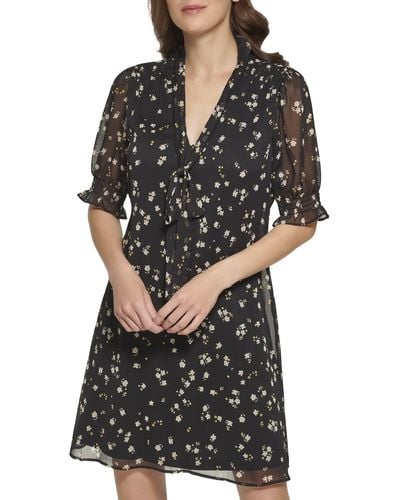 DKNY Fit And Flare Short Sleeve Tie Neck Dress - Black
