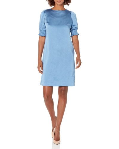 Anne Klein Smocked Short Sleeve Dress - Blue