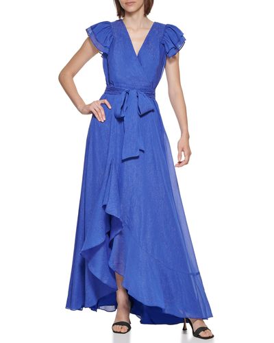 Calvin Klein Shine Chiffon Ruffle Gown - Blue