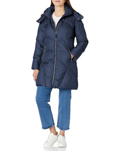 Cole Haan Down Coat W/ Intricate Angular Quilt Stitching And Removable Hood - Blue