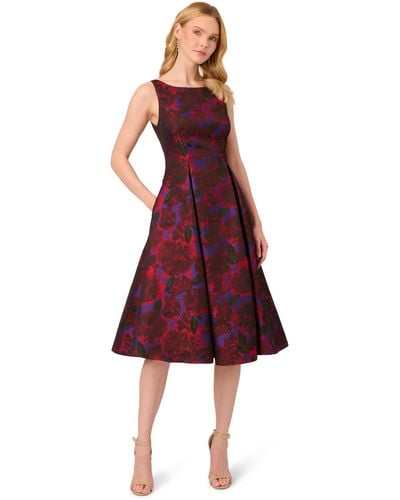 Adrianna Papell Jacquard Tea Length Dress - Red