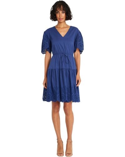Maggy London V-neck Scallop Edge Tiered Hem And Sleeves Wedding Guest Dresses For - Blue