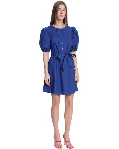 Donna Morgan Puff Sleeve Pintuck Placket Mini Dress With Waist Tie - Blue