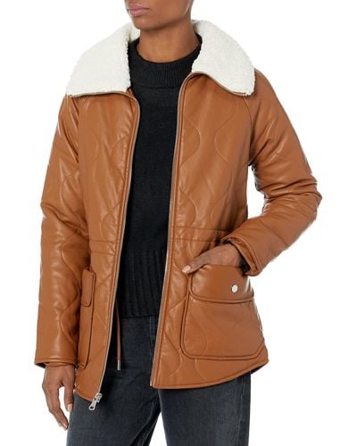 Kenneth Cole Faux Leather Sherpa Lined Collar Jacket With Cinch Waist - Brown