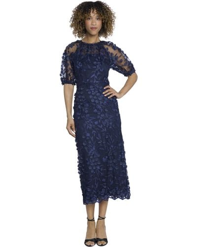 Maggy London Elegant Illusion Neck Elbow Sleeves Midi Cocktail Dresses For - Blue