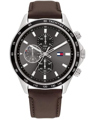 Tommy Hilfiger Stainless Steel Case And Leather Strap Watch - Black
