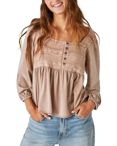 Lucky Brand Embroidered Yoke Long Sleeve Peasant Top - Brown