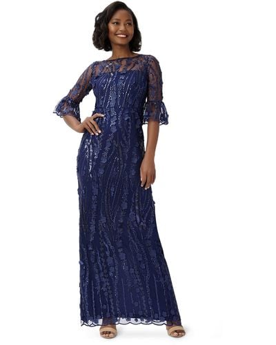 Adrianna Papell Bateau Embroidered Evening Gown - Blue