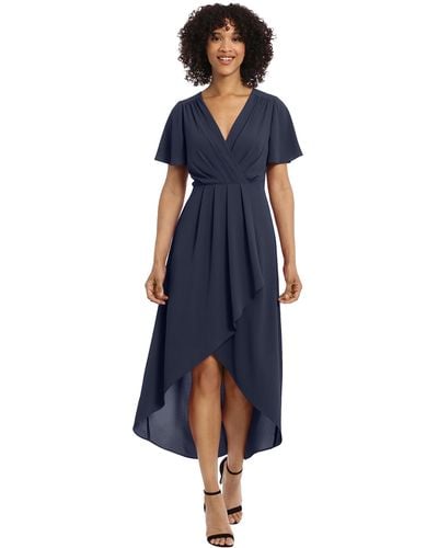 Maggy London Faux Wrap High-low Dress With Pleat Details Event Occasion Date Guest Of Wedding - Blue