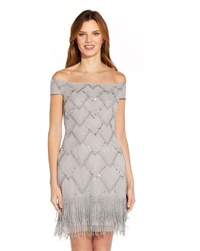 Adrianna Papell Beaded Off Shoulder Dress - Gray