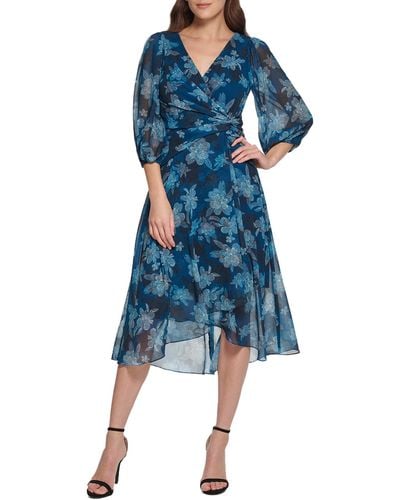 DKNY Sheath With 3/4 Chiffon Sleeve Dress - Blue