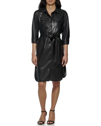 Calvin Klein Modern Edgy Faux Leather Belted Dress - Black