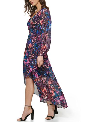 Guess Contemporary Chiffon Floral Printed High-low Wrap Dress - Blue