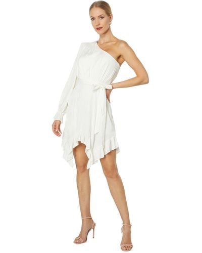 BCBGMAXAZRIA Short Evening Fit And Flare One Long Bishop Sleeve Asymmetrical Hem Tie Front Dresses - White