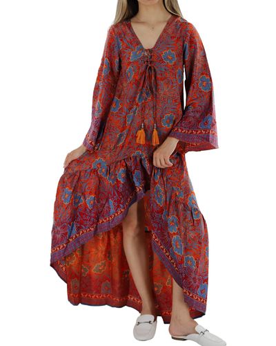 La Fiorentina Floral Rose Maxi Dress With High-low Hemline And Mid-length Sleeves - Red