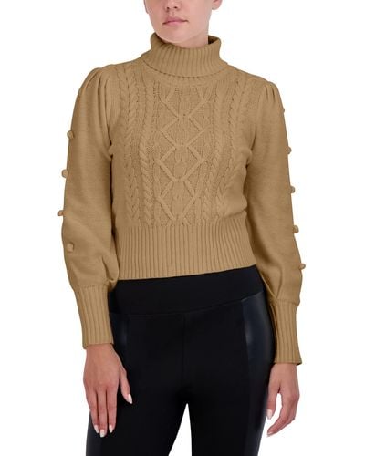 BCBGMAXAZRIA Fitted Long Puff Sleeve Pom Sweater - Natural