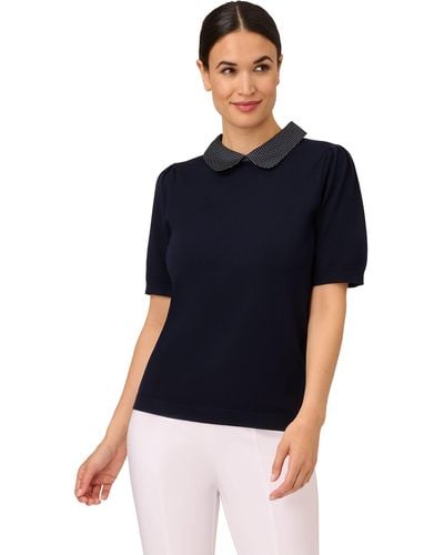 Adrianna Papell Short Sleeve Sweater Knit Top With Printed Collar - Blue