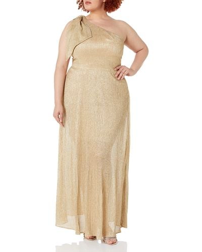 Dress the Population Plus-size Savannah One Shoulder Sleeveless Shiny Grecian Gown Plus Dress - Natural