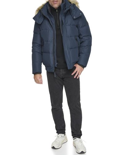 Andrew Marc Short Quilted Inner Bib Attached Umbra Down Bomber With Hybrid Down Fill - Blue