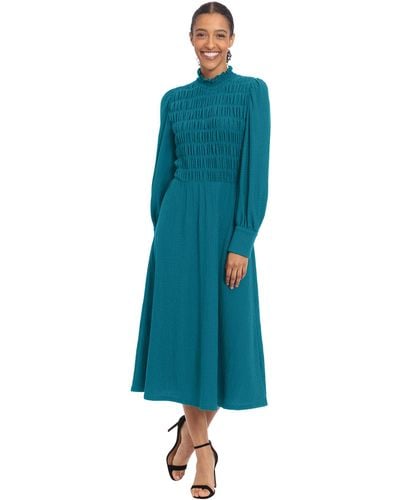 Donna Morgan Smocked Bodice & Collar Midi Dress - Blue