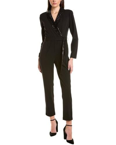 Adrianna Papell S Stretch Crepe Tuxedo With Sequin Jumpsuit - Black