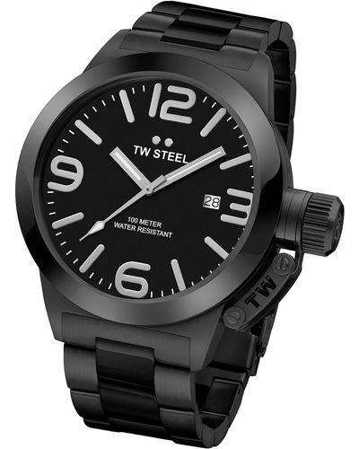 TW Steel Canteen Stainless Steel Quartz Watch With Leather Calfskin Strap - Black