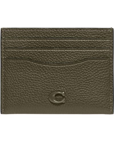 COACH Flat Card Case In Pebble Leather W/sculpted C Hardware Branding Army Green One Size