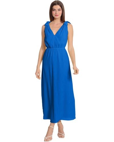 Maggy London Tie Shoulder Chiffon Maxi Dress Date Night Event Guest Of - Blue