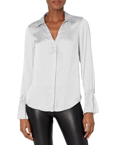 PAIGE Abriana Long Pleated Sleeve Button Down Shirt - Gray