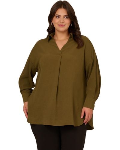Adrianna Papell Plus Size Textured Airflow V-neck Johnny Collar Blouse - Green
