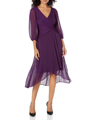 DKNY Chiffon 3/4 Sleeve Faux Wrap Dress - Purple