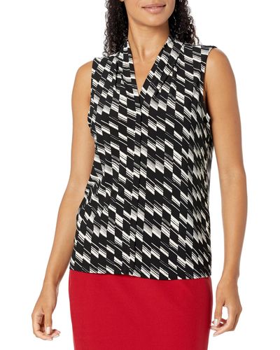 Kasper Sleeveless Pleat Neck Placket Front Printed Knit Top - Red