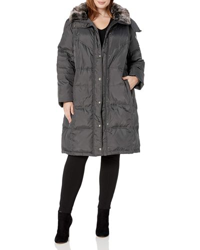 London Fog Plus-size Mid-length Faux-fur Collar Down Coat With Hood - Black