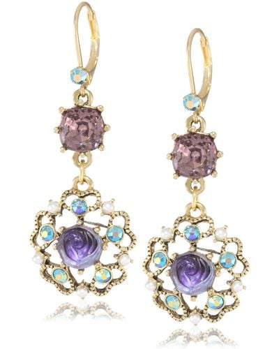 Betsey Johnson Carved Flower Medallion & Crystal Gem Drop Earrings,purple