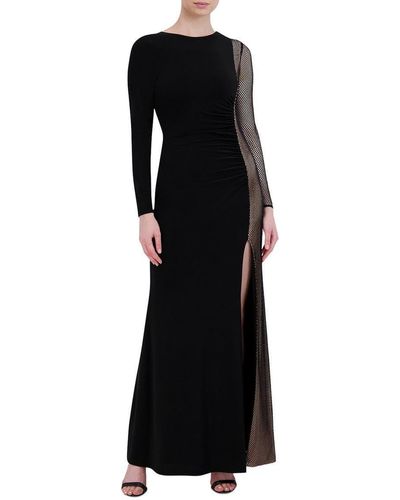 BCBGMAXAZRIA Fit And Flare Floor Length Evening Gown Long Sleeve Crew Neck Side Slit - Black