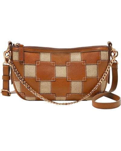 Fossil Jolie Leather & Fabric Small Shoulder Bag Purse Handbag - Brown