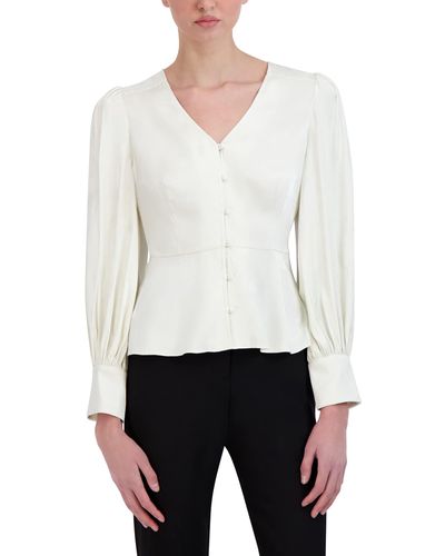 BCBGMAXAZRIA Long Sleeve Peplum Top V Neck Button Front Shirt - White