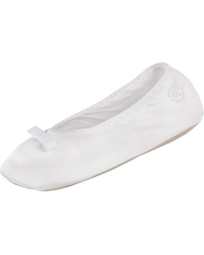 Isotoner Ballerina Slippers For – Soft Satin House Shoes With Bow And Suede Sole – Classic Comfy Travel And Bedroom Slippers – Cute - White