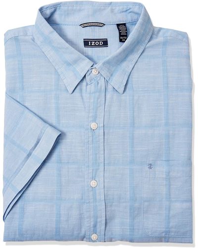 Izod Mens Saltwater Short Sleeve Windowpane Button Down Shirt - Blue