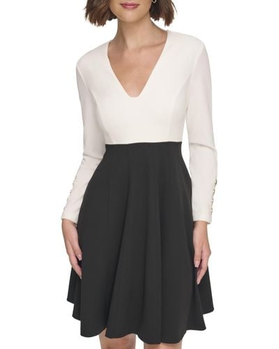 Tommy Hilfiger Long Sleeve Scuba Crepe Color-block Fit-and-flare Dress - White