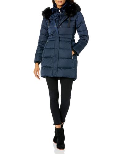 Tahari Fitted Puffer Jacket With Bib And Faux Fur Trimmed Hood - Blue