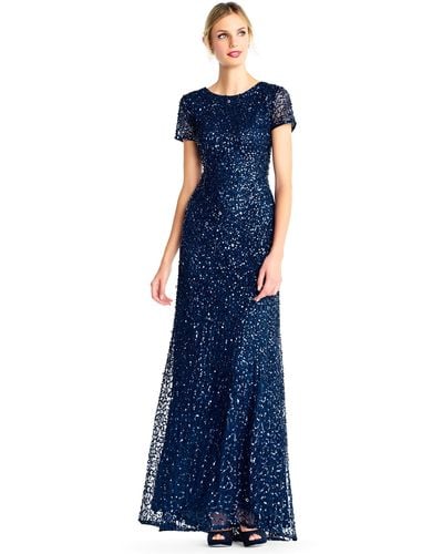 Adrianna Papell Short-sleeve All Over Sequin Gown - Blue