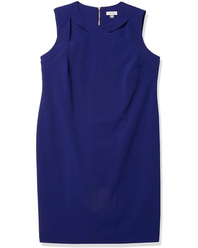 Calvin Klein Size Solid Sleeveless Sheath With Front Cut Out Dress - Blue