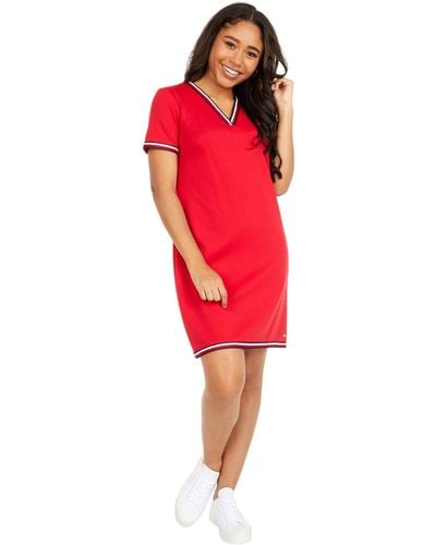 Tommy Hilfiger Stripe Trim Short Sleeve V-neck Shift Dress - Red
