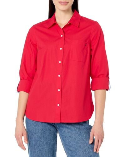 Nautica Button Front Long Sleeve Roll Tab Shirt - Red
